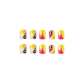 SINHOT Short Press on Nails Square - Leopard Print Fake Nails Glossy Glue on Nails Colorful Ombre Acrylic Nail Supplies Squoval Artificial Nail Art Stick on False Nails with Design DIY 24 pcs