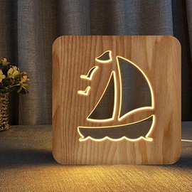 Sailboat Wooden Carving Night Light Warm White LED Bedside Table Lamp for Home Room Party Decoration, Creative Nautical Gifts for Men Women Friends Ocean Lovers