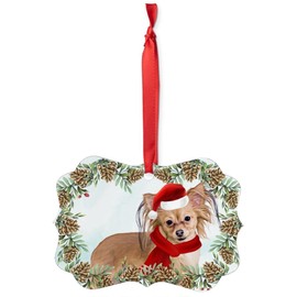 Golden Russian Toy Terrier Christmas Ornament 2025 Benelux Aluminum Holiday Decoration with Pinecone Red Scarf Santa Hat Winter Home Decor Gifts for Dog Lovers