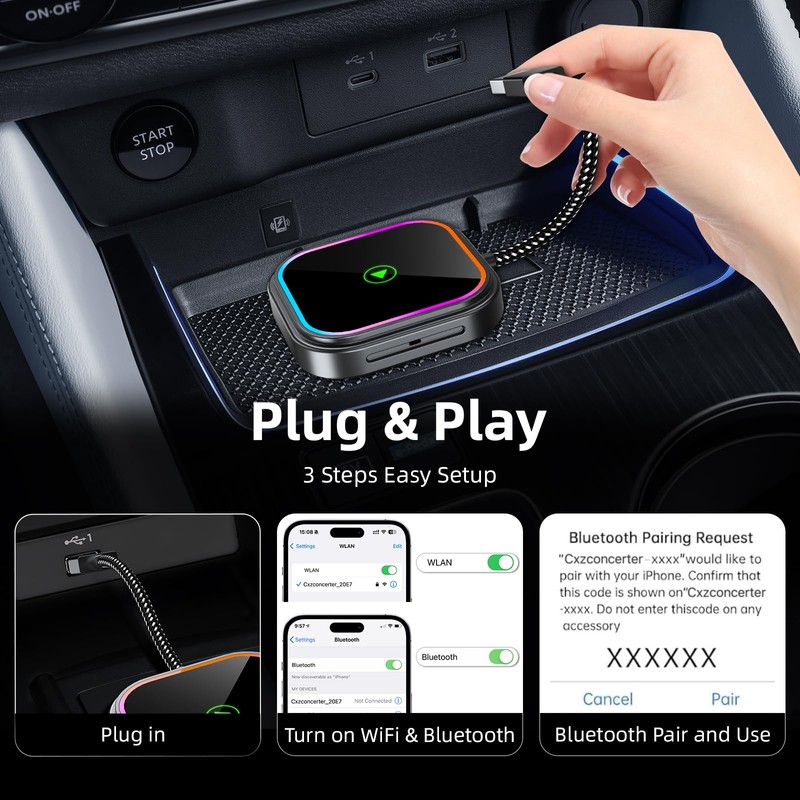 CYIAMJLU 2-in-1 Carplay Wireless Adapter with Fast, Convert Wired Android
