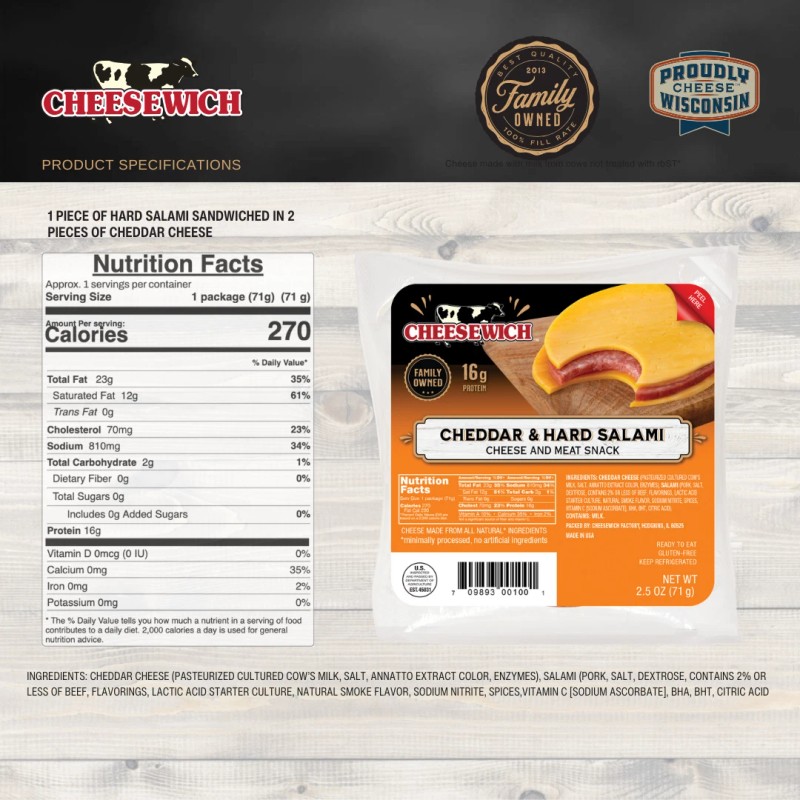 Cheesewich Protein Snacks - Cheddar Cheese & Hard Salami Slices,