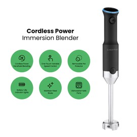 Chefman Cordless Power Portable Immersion Blender, Ice Crushing Power with One-Touch Speed Control, USB Charging, Quickly Mixes Smoothies, Purees Soups, Dips, Sauces, Storage Case, Stainless Steel