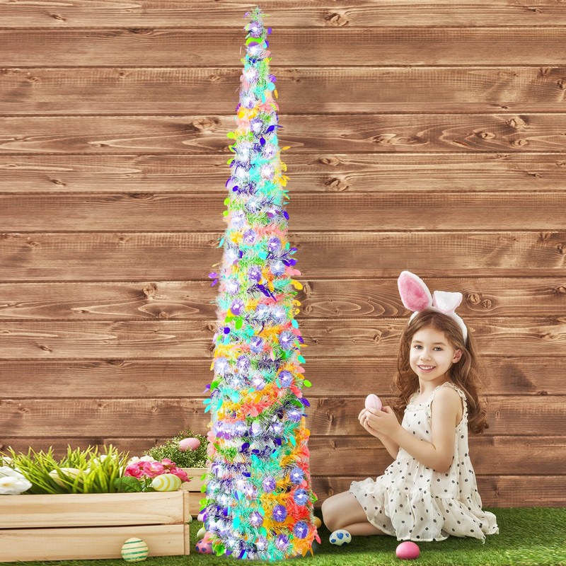 Sosation 2 Pcs 5 ft LED Easter Trees Green Tinsel