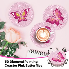 Lecqizu Diamond Art Coaster Set with Holder, DIY Sparkling Resin Painting, Gift for Family (Butterfly)