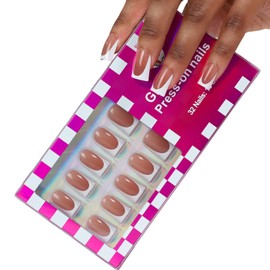 ASONRL 32 PCS Short Duck Press on Nails- Nude Brown French Tip Gel Nail Fake Nails, 15 Sizes Glue On Nails Kit, Reusable False Nails with Mini Nail File for Women - Nude Brown Short Duck