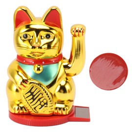 Solar Energy Powered Wealth Welcoming Cat with Waving Arm 6 Inch Lucky Money Cat Decoration for Home Car Office Gold