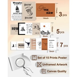 KBKBART Retro Western Wall Art Set – 15 Vintage Cowboy & Desert Prints, Wild West Rodeo and Southwest Decor for Living Room, Bedroom, or Office (Unframed, Multi Sizes, 11"x14" Largest)