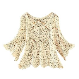 QUINTRA Short Crochet Cut Out Top Skirt Five Quarter Sleeve Smock for Women Sweatshirts Women, Wh2, L