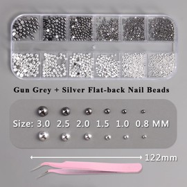 Mini Metal Nail Beads 3D Nail Art Charms, Mixed Sizes Silver Gun Grey Half Round Flatback Stainless Steel Caviar Beads Nail Studs Jewelry with Pickup Tweezers for DIY Nail Art and Crafting Decorations