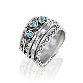 Paz Creations 925 Sterling Silver Spinner Ring with Blue Topaz Gemstone, Anxiety Ring/Boho Ring with White Gold Fidget Ring, 925 Sterling Silver Rings for Women, S10