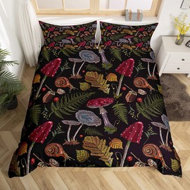 Wild Mushroom Duvet Cover Set Burgundy Plant Fall Thanksgiving Leaves Bedding Set for Kids Farmhouse Style Snail Print Comforter Cover Soft Polyester Quilt Cover 2 Pillow Case King