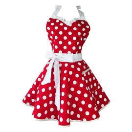 Golden Apple Lovely Sweetheart Red Retro Kitchen Aprons Women Girl Cotton Polka Dot Cooking Salon Apron Dress