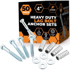 Concrete Anchors Set with 4" Lag Bolt, Lag Shield and Washer - 50 Sets per Pack - 1/2" Bolt Lag Screws 4-Inch for Speed Bumps for Asphalt - Galvanized Steel Lag Bolts