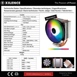 Xilence Performance C Series CPU Cooler M403PRO.ARGB Multi Socket ARGB 120 mm LED PWM Fan 180 Watt TDP AMD Intel Transparent/Black