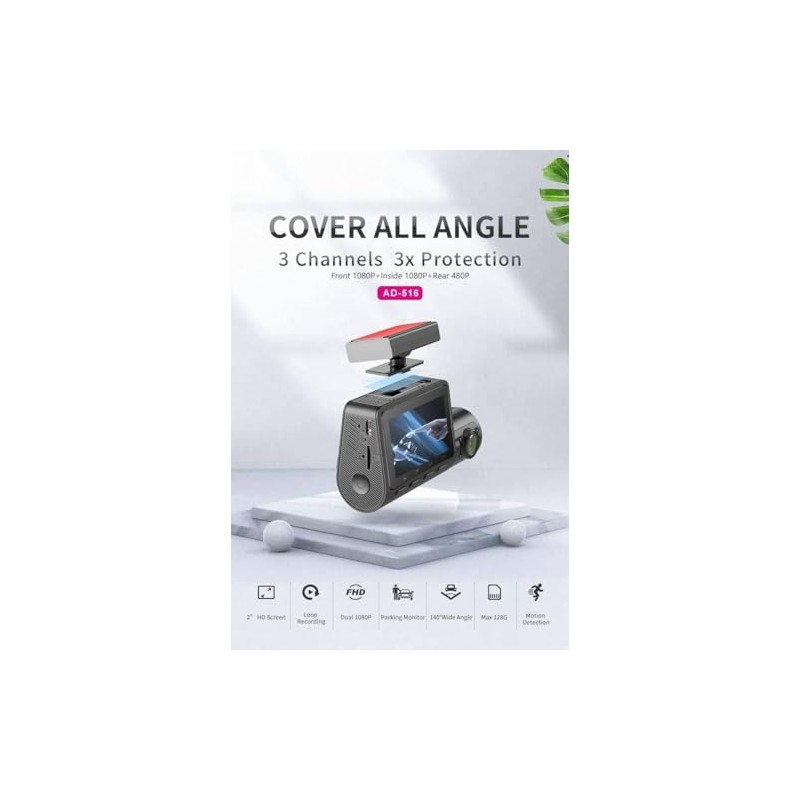 Udorich Three-Lens Vehicle Recorder with Wide Angle Coverage, Parking Monitor,