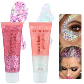 KARLOR Glitter Face Gel 50 ml x 2, Festival Glitter Gel Body Glitter Face Sequins Shimmer Glitter Gel Liquid Glitter Body Nail Face Festival Makeup Glitter Festival Accessories (White + Pink)