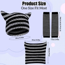GSrenyu Women's Cat Hat with Striped Arm Warmers,Crochet Cat Beanie with Ears,Knitted Winter Warm Cap with Long Fingerless Gloves,Cute Funny Hat Arm Sleeves Set for Women Girls(Black+Grey)
