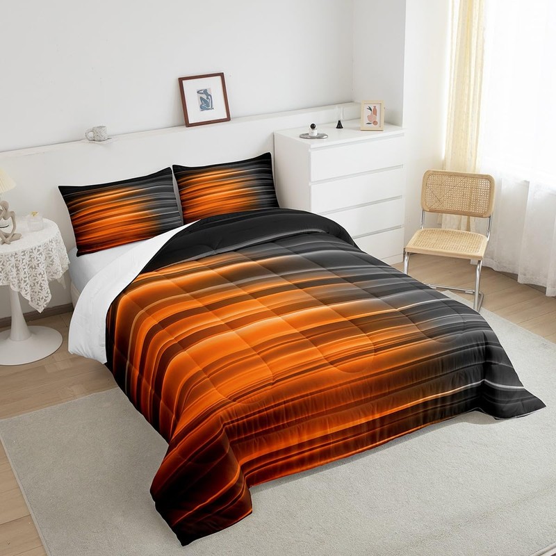 Feelyou Orange and Gray Striped Bedding Set Queen, Geometric Abstract