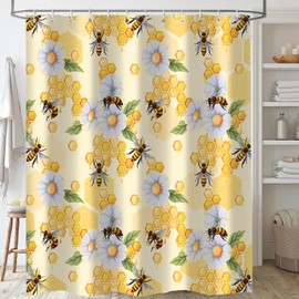 PAOPOED - Cortina de ducha de abeja, color amarillo, miel floral, diseño de panal de abeja, plantas de campo, decoración de baño, tela de poliéster de 72 x 72 pulgadas, cortina de baño impermeable con