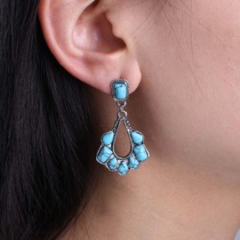 Yheakne Bohemian Turquoise Dangle Earrings Hollow Teardrop Turquoise Drop Earrings Turquoise Oval Earrings Vintage Silver Turquoise Earrings Blue Turquoise Gemstone Earrings Jewelry for Women