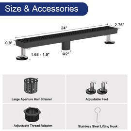 Linear Shower Drain | 24 Inch AISI 304 Stainless Steel Shower Drain, Matte Black Linear Drain with Removable Quadrato Grate Cover & Adjustable Feet, Rectangle Floor Drain, in Bathroom Balcony etc