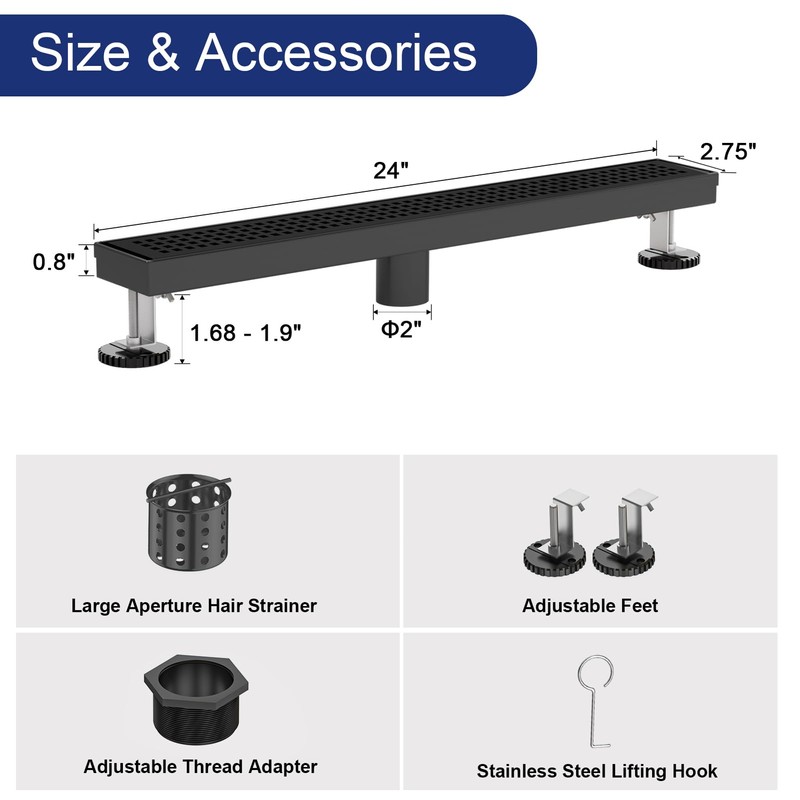 Linear Shower Drain | 24 Inch AISI 304 Stainless Steel