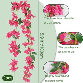 FAICOIA 2Pcs Bougainvillea Artificial Hanging Flowers Plants for Outdoors Fake Silk Bougainvillea Vines Rose Red Artificial Flowers Garland UV Resistant Faux Flowers for Planter Porch Arch Table Decor