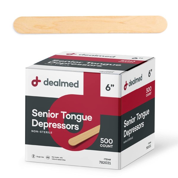 Dealmed 6” Senior Tongue Depressors – 500 Non-Sterile Wood Tongue Depressor Sticks, Can Be Used as Tongue Depressors for Crafts, in Medical Practice, Emergency First Aid Kits and More