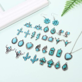 NVENF 32PCS Western Charms for Jewelry Making, Synthetic Turquoise Charms Vintage Cactus Heart Flower Lightning Cowboy Boot Pendant Charms for Bracelet Necklace Earring Making DIY Crafts (32PCS)