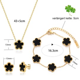FUNIO Clover Leaf Jewellery Set for Women - 18 Carat Gold Link Bracelet Bangle Lucky Bracelet Necklace Earrings Jewellery Gift for Women, Stainless Steel, No Gemstone