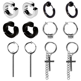 LAOYE Men's Fake Earrings, Ear Cuff, Non-Hole Earrings, Hoop Earrings, Cuff, For Both Ears, Single Ear, Surgical Stainless Steel 316L, Silver, Black, Hypoallergenic, 6 Pairs 12 Piece Set, Storage