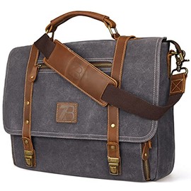 Manificent Laptop Messenger bag for Mens 15.6 Inch, Waterproof Vintage Genuine Leather Mens Briefcase shoulder bag 16 Storage Pockets, Waxed Canvas Leather Computer Business Satchel Work Bag (Gray)
