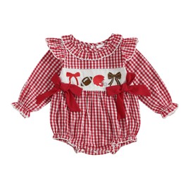 KMBANGI Newborn Baby Girl Football Smock Romper Long Sleeve Bow Onesie Shirts One Piece Plaid Fall Bodysuit Game Day Clothes (Red, 3-6 Months)