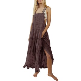 Gacaky Summer Dress for Women Casual Floral Embroidered Bohemian Dress Adjustable Straps Bib Maxi Flowy Dresses with Pockets Coffee S