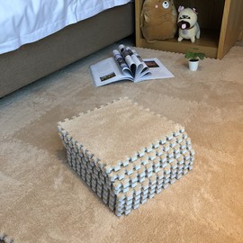 Smabee Interlocking Carpet Shaggy Soft EVA Foam Mats Fluffy Area Rugs Protective Floor Tiles Exercise Play Mat for Children Kids Room Home Parlor Bedroom (12 pcs, Khaki)