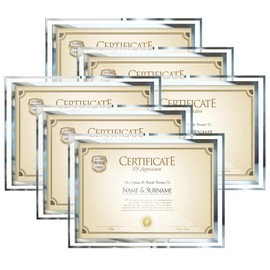 WRINGKIT Set of 6 Glass Photo Frames, 8.5 x 11 Inch Silver Picture Certificate Frame, High Definition Clear Diploma Collection Frame for Document Award, Horizontal or Vertical for Table