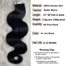 Body Wave Tape in Hair Extensions Human Hair Jet Black#1 20inch 100g/pack 40pcs Tape in Hair Extensions Soft Skin Weft and Invisible Hair Extensions for Women