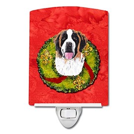 Caroline's Treasures SC9082CNL Saint Bernard Christmas Wreath Ceramic Night Light Compact, UL-Certified, Ideal for Bedroom, Bathroom, Nursery, Hallway, Kitchen, 6x4x3, Multicolor