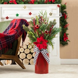 Glitzhome 35'' Christmas Floral Potted Porch Tree, Artificial Christmas Tree with Red Vase & Checkered Ribbon, Porch Xmas Tree for Home Party Winter Indoor Outdoor Decorations