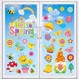 Whaline 111Pcs Spring Window Clings Stickers Hello Spring Flowers Butterfly Bees Birds Double-Sided Window Decals for Spring School Home Office Accessories Party Supplies Gifts, 9 Sheets