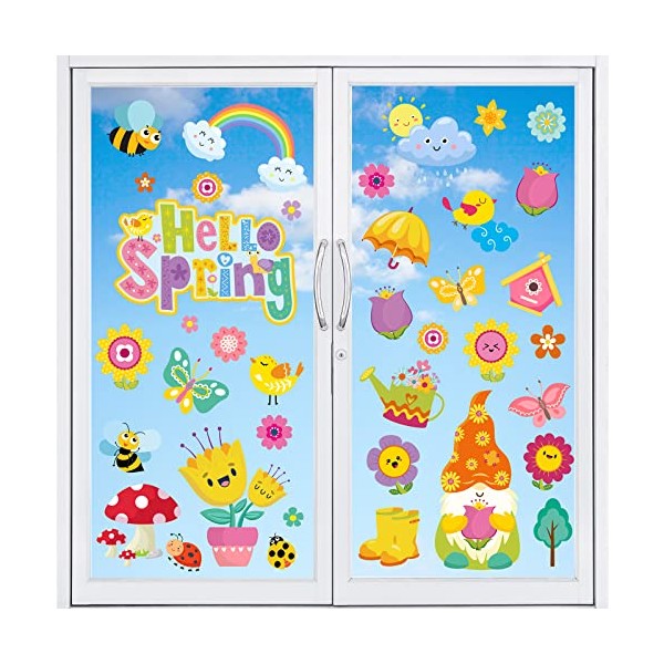 Whaline 111Pcs Spring Window Clings Stickers Hello Spring Flowers Butterfly