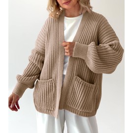 Saodimallsu Womens Oversized Cardigan Ribbed Chunky Knit Long Lantern Sleeve Open Front Fall Sweater Coats Khaki
