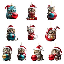 Christmas Tree Cat Pendants, Pack of 10 2D Acrylic Christmas Cat Hanging Decoration Cartoon Cat Decorative Ornaments Cute Cat Christmas Decoration for Christmas Tree Backpacks Cars