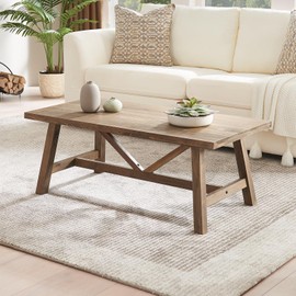 Wnutrees Farmhouse 43" Coffee Table,Solid Wood Center Tables for Living Room and Office, Rustic Wooden Rectangular Table with V-Shaped Support, Natural