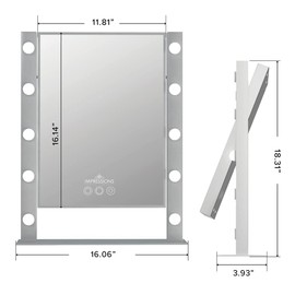 Impressions Vanity Cinématique Tri-Tone LED Makeup Mirror with Geometric Frame, 360 Degrees Swivel Desk Mirror with 8 LED Lights and Adjustable Color Temperature (Silver)
