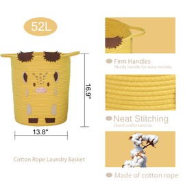 52L Cotton Rope Laundry Basket for Nursery & Kids - Woven Storage Hamper with Handles, Cute basket for Blankets, Clothes, Pillows (Yellow)