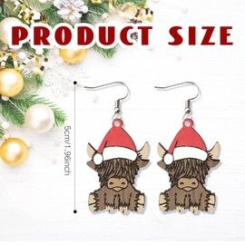 NAUZE Chrismas Cow Earrings Cute Yak Wooden Xmas Animals Drop Dangle Earrings Lightweight Jewellery Gifts for Women Girls