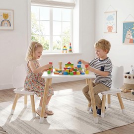 INFANS Kids Table and Chair Set, Wooden Toddler 3-Piece Desk for Playing Eating Drawing Reading Art Crafts, Ideal Children Furniture for Kindergarten Classroom (Square Table)