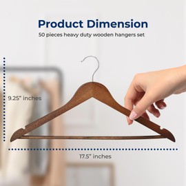 SereneLife 50 Pieces Wood Hangers - Space Saving Heavy Duty Slim Suit Clothes Hanger Set with 360 Degree Swivel Metal Hook, Can Hold Up to 10 Lbs. for Coats, Jackets, Pants & Dress (Vintage)