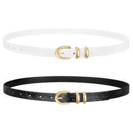XZQTIVE 2 Pack Women's Skinny Leather Belts Ladies 0.78'' Thin Waist Belt for Jeans Dress Pants with Trendy Gold Buckle